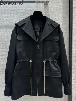 Bearomad есен нов моден дизайнер черен хлабав яке жените завой-надолу яка мулти джоб метална верига дълъг ръкав палто Изображение