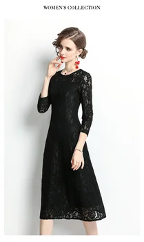 Пролетна флорална бродерия дантела рокля елегантна мода черна реколта туника тънък рокля Изображение