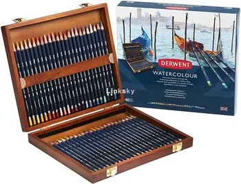 Derwent WaterColour, Акварелни моливи, 3.4mm ядро, шестоъгълна цев, дървена кутия, 48 Count (0700758), Професионални художествени консумативи Изображение