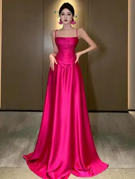 Лятна роза червено елегантна каишка за спагети жени превръзка дълга рокля секси реколта абитуриентски вечерно парти рокля мода Vestidos роба нов Изображение