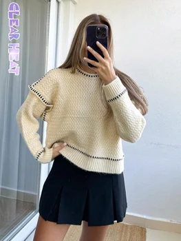 Жените случайни пачуърк топло плетени пуловер мода O-образно деколте дълъг ръкав хлабав пуловери есен зима дама All-мач трикотаж Изображение