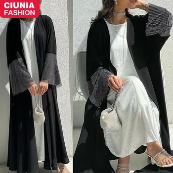 Черни Abayas за жени диаманти дълги ръкави Турция скромност роба ислям хиджаб дамски дрехи елегантен мюсюлмански кафтан рамадан кимоно Изображение