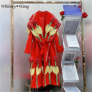 WHITNEY WANG Дизайнер китайски стил 2024 пролетна мода улично облекло 3D флорални големи яка вълна палто жени връхни дрехи Изображение