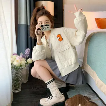 Bomber якета корейски мода писмо цип Y2k кратко дължина жени връхни дрехи бяла есен извънгабаритни високи Wiast палта Изображение