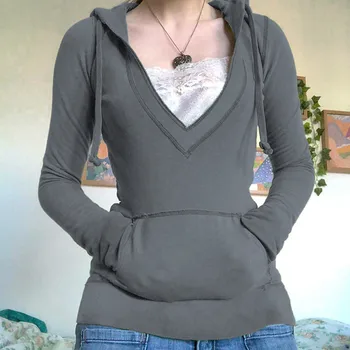 Жените сива врана суитчъри с джобове плътен цвят случайни дълъг ръкав V врата пуловер върховете улично облекло Изображение