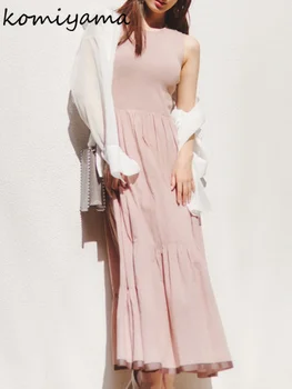 Контрастен цвят плетена пачуърк рокля O-образно деколте без ръкави Vestidos Mujer 2024 Летни големи суинг рокли Жени Японски роба Femme Изображение