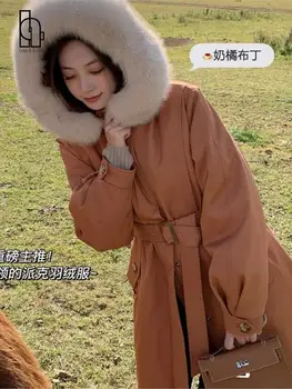 2023 Зимни корейски реколта жени патица надолу яке дълго случайни недвижими кожа палто буферни яке с качулка парка женски топло дебело облекло Изображение