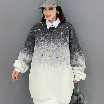 Есен Зима Дебели градиентни пуловери Colorblocked топло агнешко вълнени върхове за жени причинно-следствена пачуърк дълъг ръкав качулки Изображение