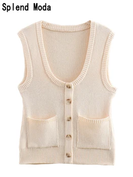 2023 Жените есенна мода случайни джобове еластична плетена жилетка тънък пуловер улица стил O-образно деколте шик без ръкави жилетки TRAF Изображение
