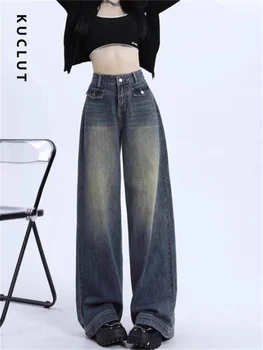 KUCLUT Американски ретро дънки за жени 2023 Нова мода Bule Streetwear прави панталони хлабав висока талия широк крак дълги панталони Изображение