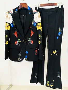 Европа 2023 Есенна мода Дамски костюми Висококачествени флорални печатни блейзъри Якета + черни панталони Комплект от две части F200 Изображение
