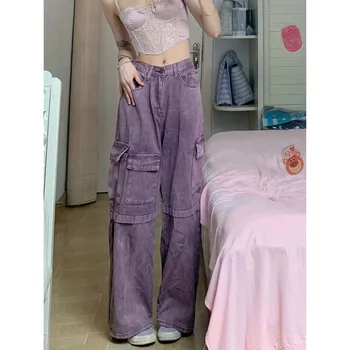 Карго панталони висока талия цип улица деним панталони жени лилави джобове реколта хлабав широк крак Y2k американски дънки сафари стил Изображение