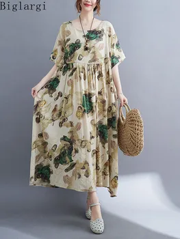 Извънгабаритни хлабав реколта печат рокля лято жена плаж случайни големи размери жени Корея дами дамски памук дълга флорална рокля 2023 Изображение