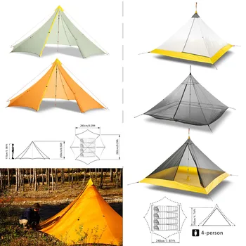 Ultralight открит къмпинг палатка / вътрешна палатка 4 човек 20D найлон двете страни силиконово покритие Rodless пирамида голям Flysheet 4 сезон Изображение