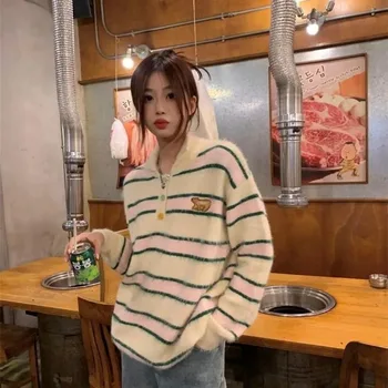 Раиран плетен пуловер жени Y2k норка кашмир Sueter Mujer Preppy стил Kawaii пуловер реколта корейски завой надолу яка Изображение