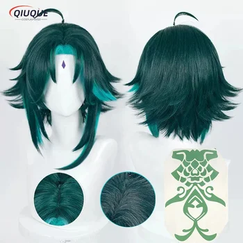 Висококачествена нова Genshin Impact Xiao Cosplay перука тъмно зелена къса права топлоустойчива синтетична коса Cosplay перука Cap Изображение