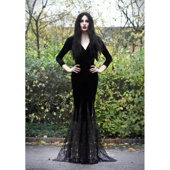 M-3XL Мортиша Адамс костюм косплей Хелоуин секси готически зъл вещица ужас Макси дантела етаж рокля русалка облекло за жени Изображение