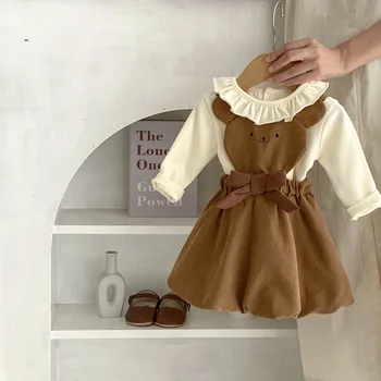7318 Комплект бебешки дрехи 2023 Есенно бебе момиче костюм гъбички лотос листа яка дъно риза + мечка каишка фенер пола Изображение