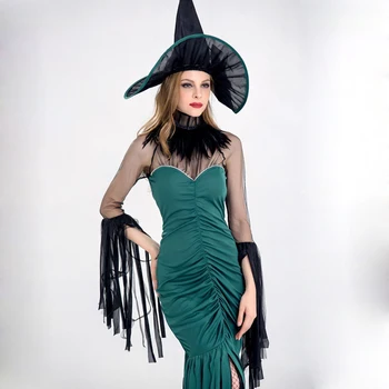 Хелоуин Злата вещица косплей костюм жени зелен пискюл врана секси страшен кожа диамант шифон перспектива парти шапка гънки рокля Изображение