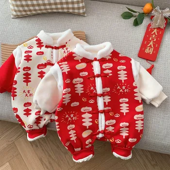 китайски стил Нова година бебе момче гащеризон дълъг ръкав руно дебела топла зима новородено момиче дрехи Коледа бебе Onesies нов Изображение