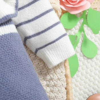 бебе момиче дълъг ръкав плетен пуловер гащеризон бебе новородено разрошени раирани гащеризон есен зимни дрехи Изображение