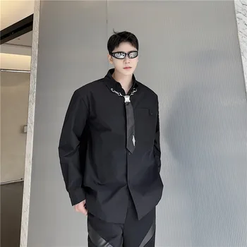2022 Есен Корейски стил Уникални аксесоари за вратовръзка дизайнерски ризи мъже ежедневни свободни плътни цветни ризи M-XL Изображение
