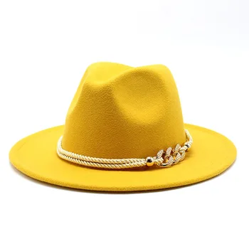 Дамски класически широка периферия шапка дама мода филц Fedora Панама шапка с пръстен колан Сватбена църква Bowler New Cap chapeau femme Изображение
