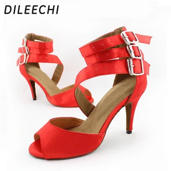 DILEECHI Червени сатенени латино танцови обувки Дамски сатенени салса танцови обувки за жена Танго танцови обувки за петата Le Dacne 85mm Изображение