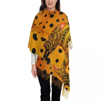 Yayoi Kusama Мистерия шал обвивка за жени зимата топло дълго мек шал жълта тиква точки Пашминас пискюл Изображение