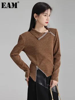 EAM кафе ивица плетене нередовни пуловер поло дълъг ръкав жени пуловер нова мода прилив пролет есен 2024 1DH4183 Изображение