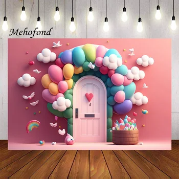 Mehofond Photography Background Arch Rainbow Balloon Pink Sky Clouds Girls Birthday Party Cake Smash Decor Backdrop Photo Studio Изображение