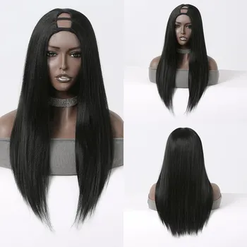 Черна дълга права перука синтетична U част перука за коса черни топери Разширения за коса за жени афро топлоустойчиви Daily Cosplay Изображение