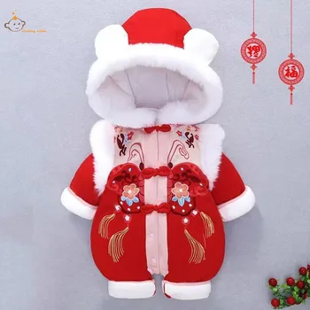 Бебешки зимен удебелен гащеризон плюс памучни бебешки ританки Китайска Нова година Ханфу момичета Гащеризони Качулка Outfit Изображение