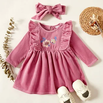 PatPat бебе момиче 2бр розово/синьо цветен печат къдрици дълъг ръкав рокля комплект Изображение
