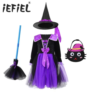 4Pcs Детски момичета Хелоуин вещица косплей костюм карнавал парти рокля с шапка метла магия чанта комплект за бала ролева игра обличане Изображение