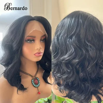 Bernardo синтетични дантелени предни перуки средна част без лепило кратко боб черна перука за черни жени бебешка коса ежедневна употреба косплей Изображение