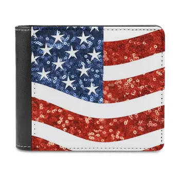 Glitter Print Американски флаг кожен портфейл Мъжки портфейл чанта пари клипове блясък американски флаг американски флаг САЩ Америка Изображение