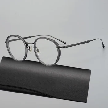 Ретро кръг титанов оптични очила рамка мъже реколта ултралеки рецепта очила рамки жени мода късогледство очила Изображение