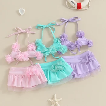 Baby Girl Summer Swimsuit 2 Piece Bikini Set, Halter Neck 3D Flower Tie Up Tops + Elastic Waist Shorts Sheer Mesh Bathing Suit Изображение