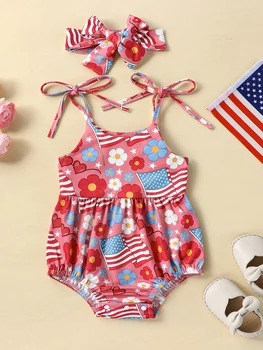 Новородено бебе момиче 4-ти юли Облекло без ръкави червено бяло и синьо цветен гащеризон американски флаг гащеризон (червен американски Изображение