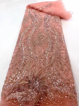 Нигерийски ръчен пайети Mesh дантела плат Африка 2022 високо качество луксозен мъниста тюл дантела за сватба вечерна рокля шиене Изображение
