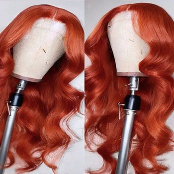 Diniwigs джинджифил оранжеви синтетични перуки за жени дълго тяло вълна синтетична перука дантела предната средна част топлоустойчиви влакна коса Изображение