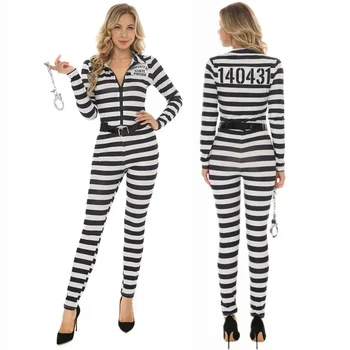Хелоуин жени затворник костюм избягали затворници гащеризон раирани затвор затворник косплей костюми женски затвор престъпник обличане Изображение