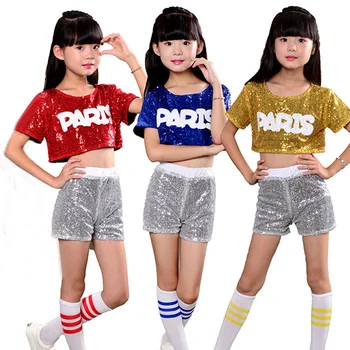 3бр Момичешки джаз танцов комплект за момичета Джаз танцови костюми за деца Хип-хоп танци Детски пайети Сценично изпълнение Хип-хоп комплект костюм Изображение