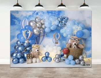 Фотография Фон Карикатура Мечка Синьо небе Балони с горещ въздух Момче Рожден ден Торта Smash Декор Фон Фото студио Изображение