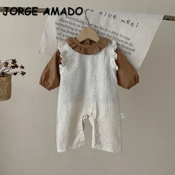Пролет есен бебе момиче 2бр комплект кремаво-бял печат O-образно деколте ританки + волан яка кафяв дълъг ръкав риза новородено дрехи E2154 Изображение
