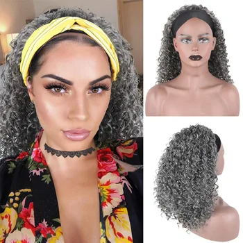 Синтетични афро къдрава сива лента за глава перуки дълбока вода вълна естествена коса за черни жени фалшива коса средно прикрепен шал перука 16 инча Изображение