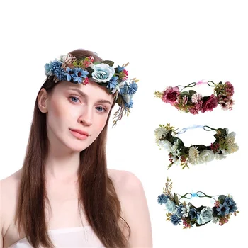 Пролетна булчинска шаферка Цветна корона Wianek Регулируема симулация на цветни ленти за глава Романтични сватбени шапки Аксесоари за коса Изображение