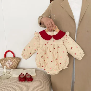 Бебешки дрехи 2024 Есенна и зимна мода Дрехи от едно парче на бебето момиче Черешов памук плюс кадифени дрехи за катерене Изображение