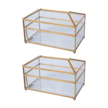 2X Практична златна стъклена огледална тъканна кутия Изящна стъклена кутия за съхранение на тъкани за грим Елегантен подарък Изображение